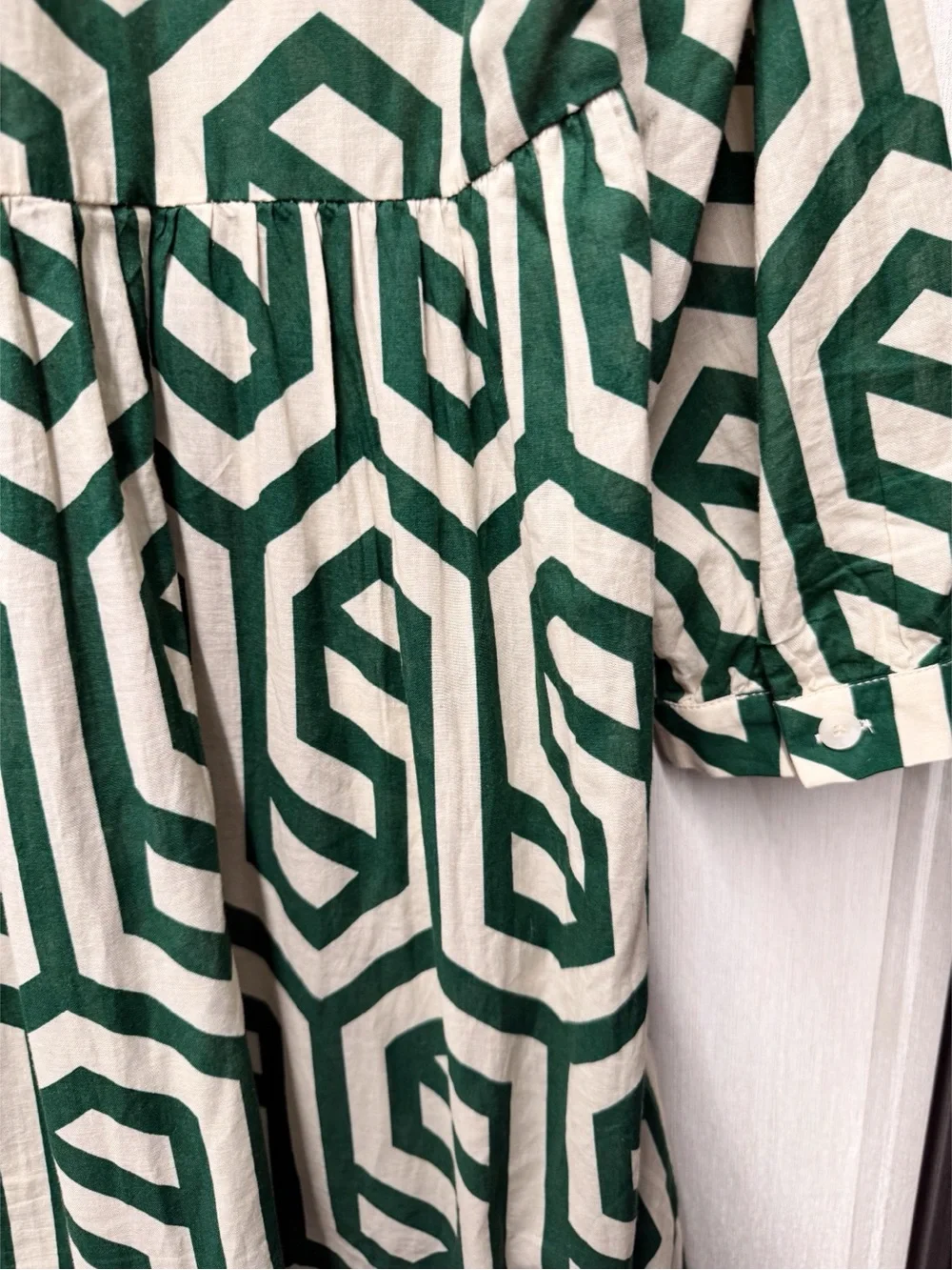 Zara The Karen Green Ivory Geometric Print Tiered Midi Dress, Size Large